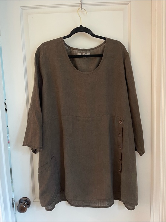 Flax Tops - Flax linen coffee colored tunic Button-Side size L